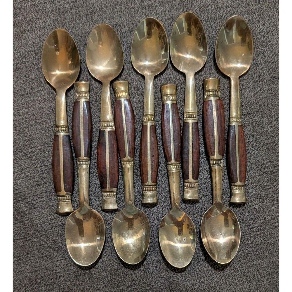 Vintage Thailand Wood Handle Demitasse Spoons – Set of 9 – Brass Tone Flatware